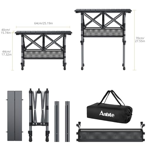 Anbte 2ft Small Roll Up Camping Table, 2 Adjustable Height Aluminum Portable Camping Table with Storage Net & Bag, Lightweight Waterproof Folding Table for Indoor Outdoor BBQ Picnic, 25” X 16”, Black - color: Black, size: 25.2"L x 15.7"W x 27.5"H (2 heigh