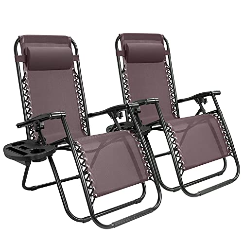 GUNJI Zero Gravity Chair Outdoor Lawn Folding Lounge Chairs Adjustable Reclining Patio Chairs Set of 2 with Cup Holder Lounge Gravity Chairs for Poolside, Backyard, Beach and Camping (Brown) - color: Brown