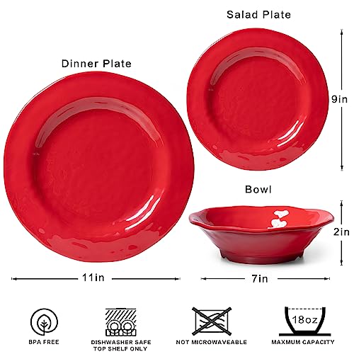 LEHAHA Red Melamine Dinnerware Sets, 18-Piece Melamine Dishes Set, Lightweight and Chip Resistant, Durable Plates and Bowls Set, Safe for Daily Use, Dishwasher Safe, Service for 6 - color: Red