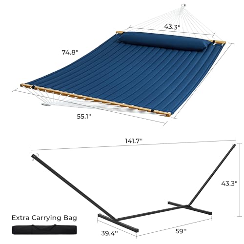 SUPERJARE Hammock with Stand, 2 Person Quilted Outdoor Hammock, Detachable Pillow & Bamboo Spreaders, Portable Hammock with Carrying Bag, Heavy Duty Stand, Perfect for Outside, Patio, Navy Blue - color: Navy Blue, size: 55.1"W × 74.8''D × 43.3''H