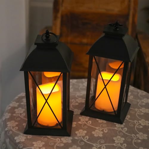 Bdor 2 Pack 13-Inch Black Decorative Lantern with LED Candle (6hr Timer) - IP65 Waterproof Battery Powered - Outdoor Patio Hanging Lanterns Decorative Tabletop Lanterns - color: Flashing Black