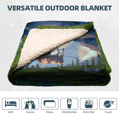 Outdoor Camping Blanket with Sherpa Lining, Extra Warm Thick Camp Blankets and Puffy Ultralight Soft Poncho DWR Camping Quilt for Cold Weather, Adventure, Sleeping, Backpacking 78"x 56" - color: Purple Deer Language, size: 78 x 56 inches
