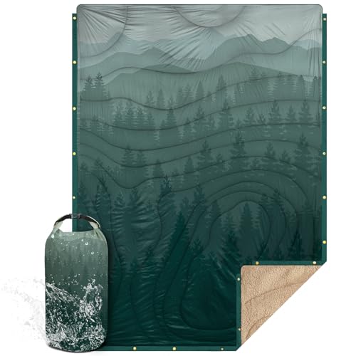 Outdoor Camping Blanket with Sherpa Lining, Extra Warm Thick Camp Blankets and Puffy Ultralight Soft Poncho DWR Camping Quilt for Cold Weather, Adventure, Sleeping, Backpacking 78"x 56" - color: Pale Green, size: 78 X 56 Inches
