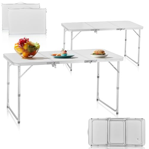 VINGLI White Folding Table with Carrying Handle Height Adjustable Lightweight Portable for Indoor Outdoor Picnic,Camping,Hiking,Fishing,BBQ … (White, 4ft-3 Folds)