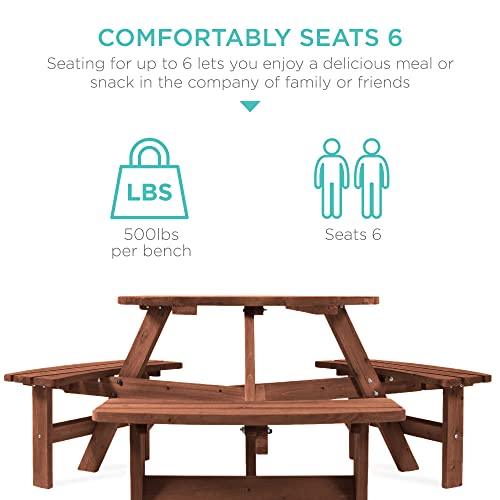 Best Choice Products 6-Person Circular Outdoor Wooden Picnic Table for Patio, Backyard, Garden, DIY w/ 3 Built-in Benches, 500lb Capacity - Walnut Brown - color: Walnut Brown