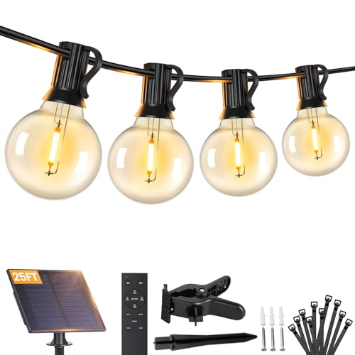 Brightever 25FT Solar String Lights Outdoor Waterproof, G40 Solar Lights with Remote and 10+1 LED Shatterproof Globe Bulbs, Dimmable&3 Lighting Modes, Solar Power Patio Lights for Balcony Garden Porch - size: 25ft