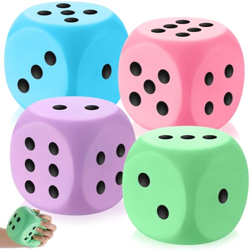 Zomiboo 4 Pcs Jumbo 4 Inch Foam Dice Set, Soft Stress Relief Toy for Kids & Adults, Colorful 6 Sided Giant Dice for Classroom Math, Family Board Games, Holiday Stocking Stuffers(Macaron Colors,Dot) - color: Macaron Colors, style: Dot