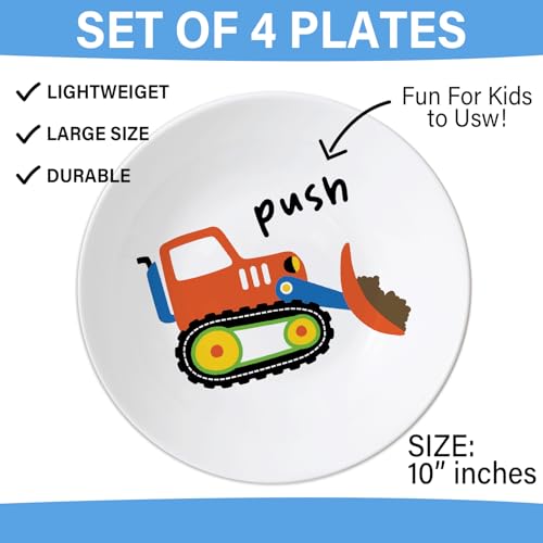 4 Set 10 Inch Construction Truck Plates Melamine Construction Truck Dinnerware Set Reusable Baby Shower Vehicle Melamine Plate Dishwasher Safe for Toddlers Creatively Drop Resistant Cute Plastic Dish - style: Construction Truck
