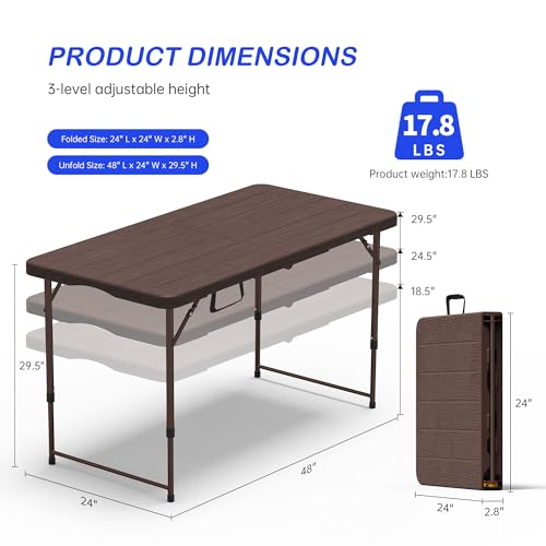 VSOAEIL Set of 2 Folding Table 4 Foot for Indoor Outdoor, Portable Heavy Duty Fold-in-Half Utility Small Plastic Adjustable Height Folding with Carrying Handle for Picnic and Party, 2 Pack Brown - color: Brown, size: 4 Ft - 2 Pack