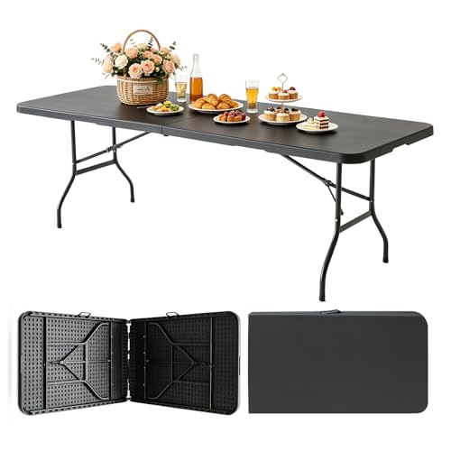 Portable Plastic Folding Table 4ft/6ft/8ft Heavy Duty White Black Picnic Dining Table Fold-in-Half for Camp Party Kitchen Indoor Outdoor - color: Black, size: 8FT, style: Flat Desktop