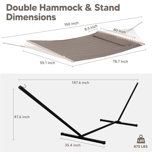 SUNCREAT 55 Inch Extra Large Double Hammock with 12 ft Stand, 475lbs Capacity, Outdoor Portable Hammock with Hardwood Spreader Bar, Extra Large Pillow, Brown - color: Brown, size: 12 ft Stand