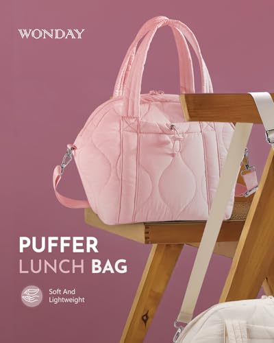 WONDAY Insulated Lunch Bags for Women, 12L Puffy Lunch Tote with Shoulder Strap, Waterproof, Leakproof, Reusable, Keeps Food Fresh, Perfect for Work, Travel, Picnic - color: Pink