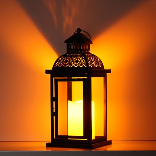 No Glass Lanterns Decorative Indoor & Outdoor, 15'' Candle Lantern Decorative Christmas Indoor Outdoor Decor, Vintage Metal Hanging Lanterns with LED Candle for Patio, Front Porch,Yard, Table - color: Black / 15''h / Timed Candle
