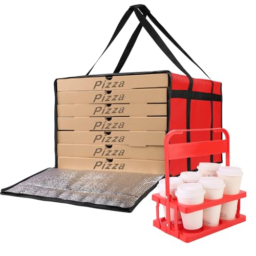 Bodaon Insulated Bag-Pizza Bags for Delivery & Plastic Portable Drink Carrier，20"x 20"x 14"Doordash Warmer/Hot Food Carrier Box, Termicas/Warming/Heat Carrying out Insulation Large Bag, Keeping Cooler - color: Red Bag with Drink Carrier, size: 20" x 20" x