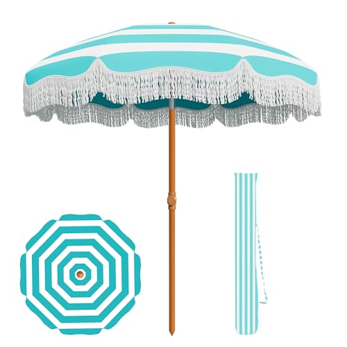 AreShark 7ft Patio Umbrella with Fringe, UPF50+ Beach Umbrella for Table, Pool & Garden, Portable Outdoor Tassels Umbrella w/Fiberglass Ribs&Push Bottom Tilt(Blue and White Stripe) - color: Blue and White Stripe, size: 7FT