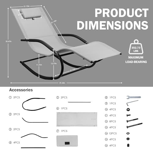Zero Gravity Rocking Chair Lightweight Lounge Chair Recliner with Detachable Pillow Outdoor Chaise Lounge Chair for Patio, Lawn, Pool, Home Furniture, Grey