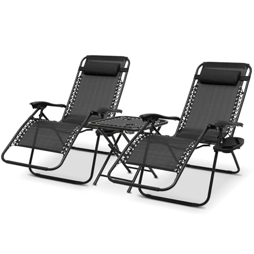 Athena Collection Zero Gravity Outdoor Lounge Chair Set of 2 with Side Table, 29" Width Pool Lounge Lawn Chairs Reclining with Cup Holder, Outdoor Chaise for Beach Patio Backyard Outside, Blue - color: Black, style: 29" Width