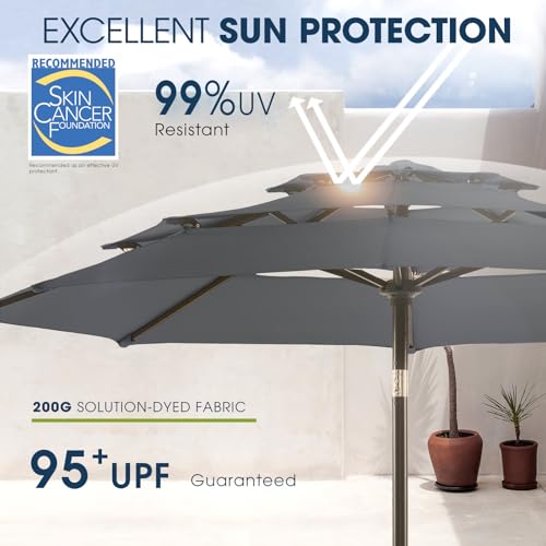 wikiwiki 9ft 3-Tier Patio Umbrella Outdoor Table Market Umbrella for Patio with Push Button Tilt/Crank, Fade Resistant Waterproof POLYESTER Canopy for Garden, Lawn, Deck, Backyard & Pool, Dark Gray - color: Dark Gray, size: 9 FT