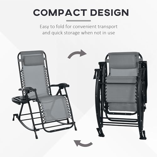 Outsunny Set of 2 Outdoor Rocking Chairs, Foldable Reclining Zero Gravity Lounge Rocker with Pillow, Cup & Phone Holder, Combo Design with Folding Legs, Gray - color: Grey, size: 2 Packs