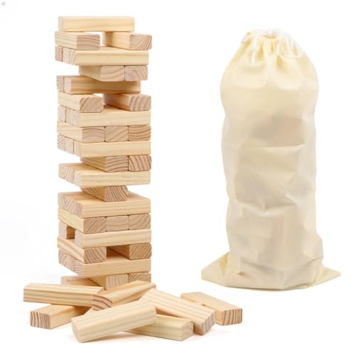 54PCS Classic Block Stacking Board Game Wooden Blocks Stacking Games for Kids and Families Tumbling Tower Blocks Game for Kids and Adults with Storage Bag