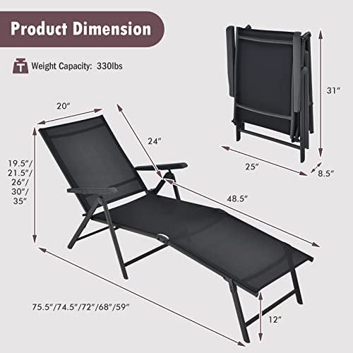 Tangkula Folding Lounge Chair Outdoor, Recliner Chaise Lounge with 5-Position Adjustable Backrest & 2-Position Footrest, No Assembly Required, Suitable for Patio Poolside Beach Yard (1, Black) - color: Black