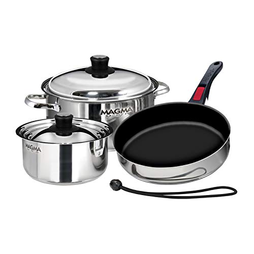 Magma 7 Piece Gourmet Nesting Stainless Steel Cookware Set with Ceramica Non-Stick, Induction Compatible, Oven Safe to 500°F - Suitable for All Stovetops, Removable Handles, Stainless Steel - color: Stainless Steel, style: 7 Piece, Non-stick