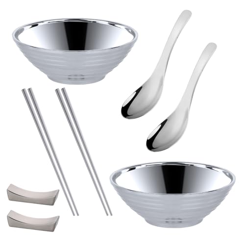 Stainless Steel Ramen Bowl Set, 7.8 Inch Double-Wall Noodle Bowls with Chopsticks Spoons & Chopstick Rests, Modern Soup Dining Bowl for Ramen Pho Salad, Pack of 2, Dishwasher Safe