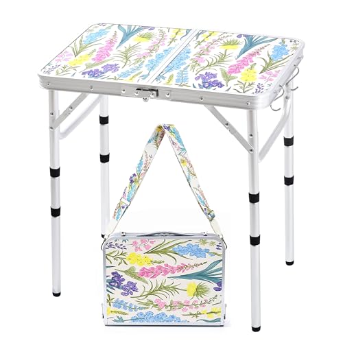 Folding Camping Table 2ft Portable Picnic Table Adjustable Height, Small Lightweight Aluminum Foldable Card Table,Hands-Free Carry for Outdoor Camp BBQ Beach (Blooming Floral with Shoulder Strap) - color: Blooming Floral, size: 24"l X 16"w X 27"h With Sho