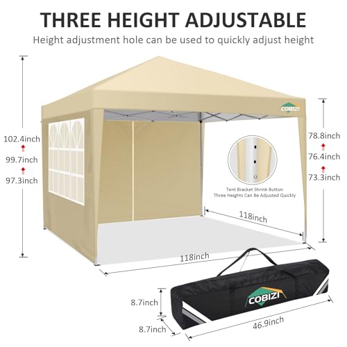 COBIZI 10x10 Pop Up Canopy Tent with 4 Sidewalls,10x10 Easy Up Waterproof Canopy Tents for Parties Camping Exhibition, Outdoor Easy Set U Gazebo Tent with Carry Bag,8 Stakes & 4 Ropes (Khaki) - color: Khaki, size: 10x10FT with 4 sidewalls