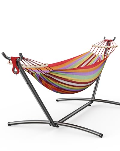 EveryFun Double Hammock with Heavy-Duty Steel Stand,Portable,Easy Assembly,600lbs Weight Capacity,Suit for Indoor,Yard,Camping,or Outdoor - color: Dc-tropical Rainbow