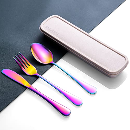 Portable Utensils Set with Case, 4pcs Stainless Steel Reusable Silverware for Lunch Camping School Picnic Workplace Travel, Lunch Box Includ Fork Spoon Knife,Easy to clean,Dishwasher Safe(Rainbow) - color: Rainbow1