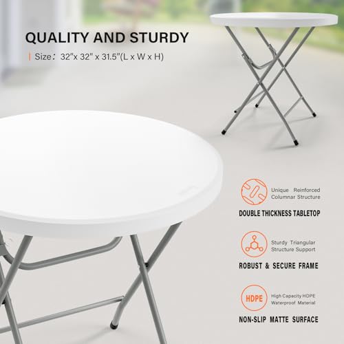 VINGLI 32" Round Folding Commercial Banquet Table, Portable Plastic Coffee Card Dining Table for Kitchen or Outdoor Party Wedding Event, 1 Pack, White | Folding, Commercial, Portable, Kitchen, Outdoor Party, Wedding Event - color: White