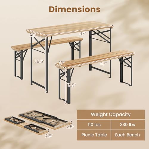 Giantex 3-Piece Folding Picnic Table with Benches Set, Solid Wood Camping Beer Table Bench Set with Metal Frame, Portable Patio Dining Furniture, Indoor & Outdoor Folding Table and Chairs for 4 (47'') - size: 47''