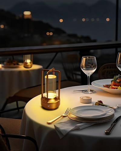 Set of 2 Cordless Table Lamps, LED Rechargeable Battery Operated Desk Lamps with 3 Color Stepless Dimmable, Small Light Portable for Outdoor Patio Bar Restaurants Bedroom Bedside (Gold) - color: Gold-2