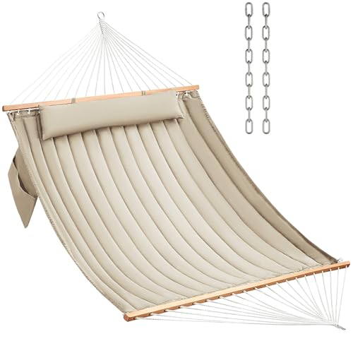 CHULIM Double Quilted Fabric Hammock with Hardwood Spreader Bars and Pillow 450 LBS Capacity 2 Person Large Hammock for Outdoor Patio Backyard Poolside - Tan - color: Tan