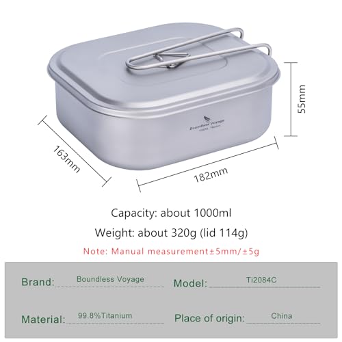 iBasingo 1000ml Titanium Military Mess Tin Outdoor Camping Cookware with Lid & Folding Handle Lightweight Frying Pan Single Layer Square Lunch Box Portable Hiking Backpacking Cooking Kit Ti2084C
