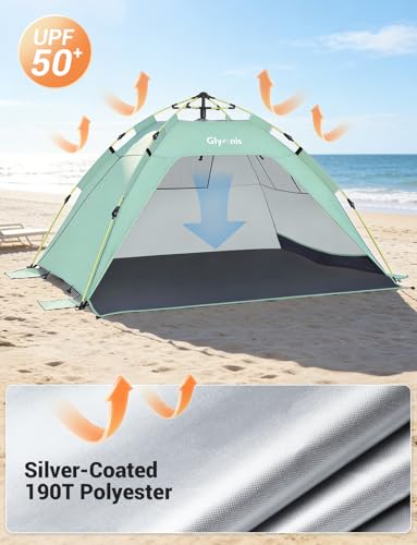 Glymnis Pop Up Beach Tent Sun Shade Shelter for 3-4 Person with UPF 50+, Lightweight & Easy Setup, Vent Windows & Zippered Door, Extended Floor Family Instant Beach Tent - color: Green