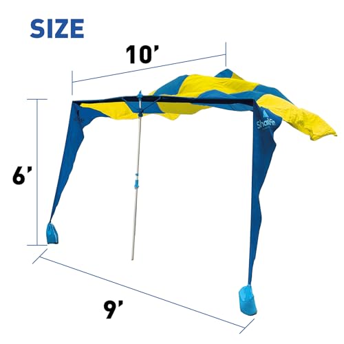Shark FIN Shade Beach Tent Wind Sun Canopy Portable Easy Set Up UPF 50+ No Assembly Required 3-30 MPH - 1 to 8 People - Tie Downs Included - 2 Sizes Large 9' X 10' & Giant 13.5' X 10' PATENTS Pending - color: Large Blue and Yellow
