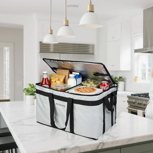 Food Delivery Insulated Bag, Insulated Cold Meal Bag, Built-in Base Plate, For Hot and Cold Food Takeout, Commercial Catering Transportation - 23 * 14 * 15 inches (Partitioned, Grey) - color: Grey, style: Partitioned