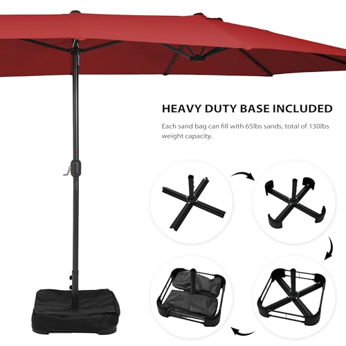 Sundale Outdoor 15ft Large Patio Umbrella with Base Included and Umbrella Cover, Outdoor Double-Sided Umbrella - color: Brick-Red