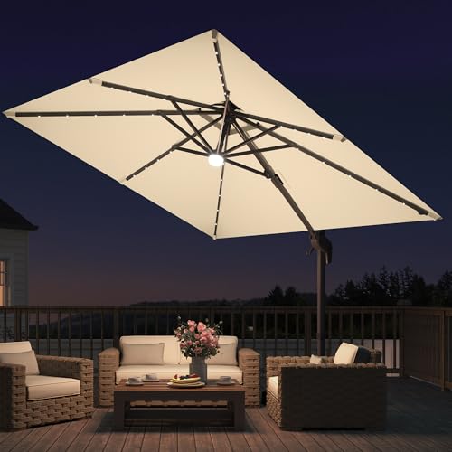JZAC & QZYD 9x9 FT Outdoor Cantilever Patio Umbrella with Solar LED Lights, Large Heavy Duty 2-Tier Canopy Square Aluminum Offset Umbrellas with 360-Degree Rotation for Pool Deck Backyard, Beige - color: Beige, size: 9'×9'