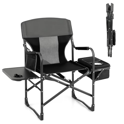 KOTEK Camping Directors Chair, Outdoor Folding Chair with Side Table, Cooler Bag & Storage Pocket, Supports 400 LBS, Portable Camp Chairs for Fishing, Picnic, Concert, Beach, Lawn, Patio (1, Black) - color: Black