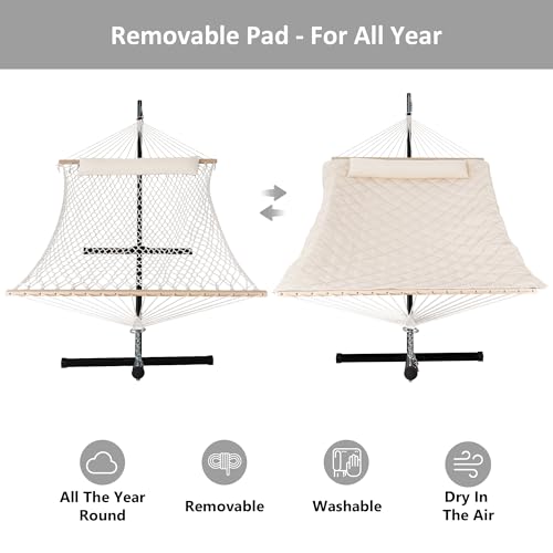 ANOW Heavy Duty Hammock with 12FT Steel Stand Included, Rope Hammock with Detachable Pillow and Pad, 450 LBS Weight Capacity, Cream - color: Cream, size: With Stand