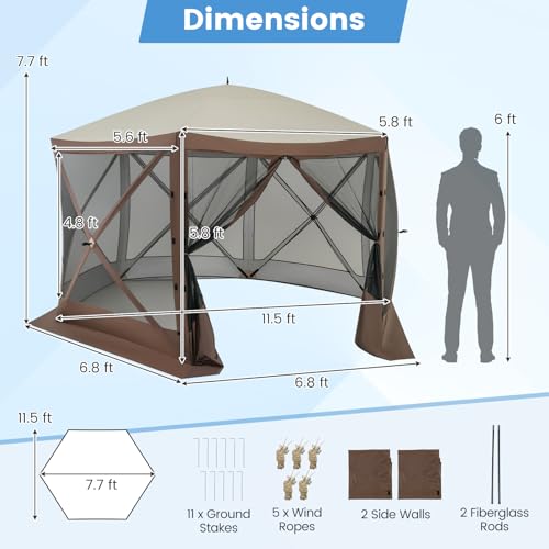 Tangkula 11.5x11.5 Ft Pop Up Gazebo with Netting, Portable Screen Tent with 6 Sided Mesh Walls, 2 Sunshade Cloths, Outdoor Instant Canopy Shelter with Carry Bag for Camping, Lawn, Backyard - color: Brown, size: 11.5x11.5 Ft