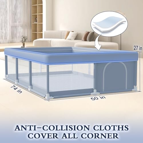 XVISHX 74 x 50 Inch Baby Playpen, Playpen for Babies and Toddlers, Baby Play Pen Playard for Indoor & Outdoor Active Center Game Fence, with Skin-Friendly Fabric and Soft Breathable Mesh, Grey - size: 74 × 50 Inch