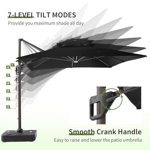 JZAC & QZYD 9x12 FT Outdoor Cantilever Patio Umbrella with Base Included and LED Lights, Large Heavy Duty 2-Tier Aluminum Offset Umbrellas with 360-Degree Rotation for Pool Deck, Black - color: Black, size: 9'×12' - Weighted Base Included