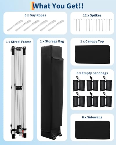 10X20 Pop Up Canopy Tent with 6 Sidewalls – Heavy Duty Commercial Instant Shelter, One-Person Quick Setup Outdoor Party Tent, Water-Resistant & Portable, Black - color: Black