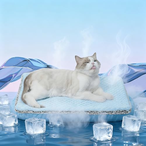Two Uses'Cat Mat,Self Warming&Cooling Cat Mat.18 * 24in-Cooling Cat Pad.Hot/Cold Mat for Dogs and Cats.Free A Gel Pack and A Disposable Self-Heating Pad,Temperature Lock Design,Machine Washable - color: Light Blue+Gel ice pack+Selfheating pad, size: Mediu