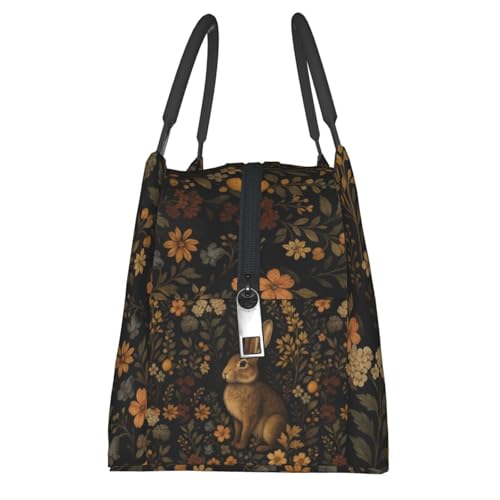 Vintage Bunny Flower Reusable Lunch Box,Retro Rabbit and Floral Lunchbox for Women Nature Lovers,Insulated Lunchbag,11in*6.3in*6.7in,Gifts Makeup Bag,Portable Handbag for Picnic Work Travel - color: Bunny