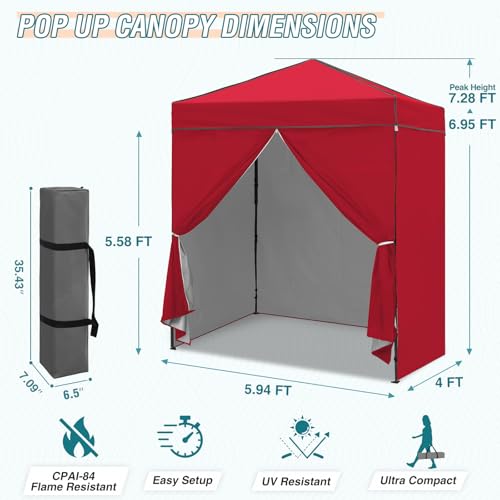 EAGLE PEAK 6x4 Instant Pop Up Canopy Tent with 4 Side Wall Panels, Straight Leg Sun Shelter, Portable Canopy with Carry Bag for Camping, Beach & Sports, Red - color: Red, size: Four Walls
